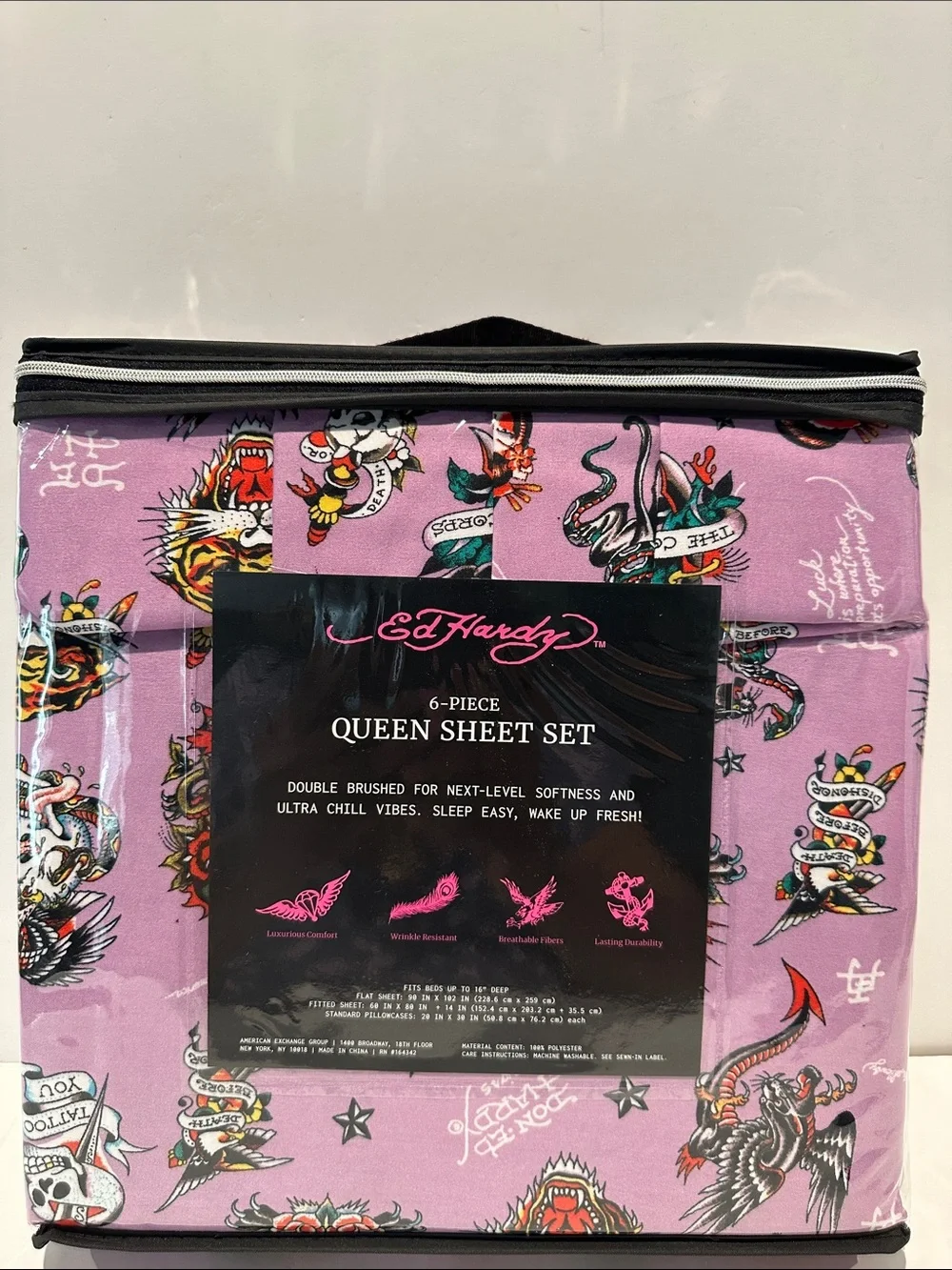 NWT Ed Hardy Tatto Collection 6 Piece Queen Sheet Set with 4 Pillowcases.